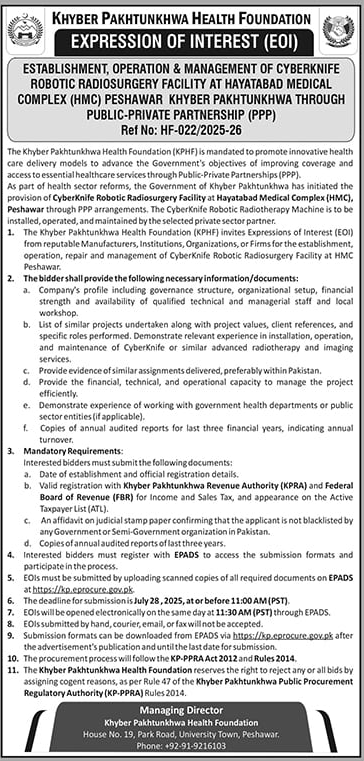 Emergy & Power Department Peshawar Tender Notice